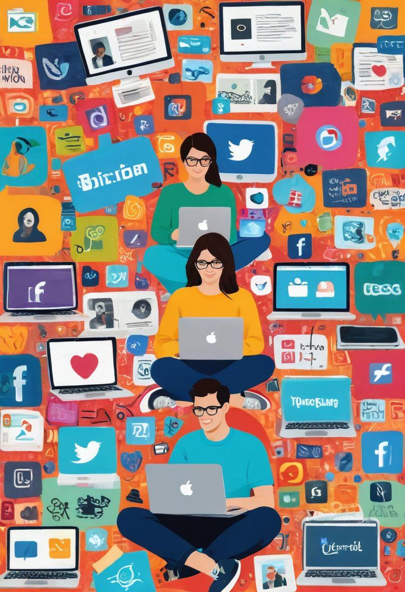 A dynamic collage depicting a diverse range of digital content creators: a personal blogger typing on a laptop in a cozy nook, a vibrant vlogger filming a lively scene in an urban setting, and visual icons representing social media platforms surrounding them. The background should be a mix of technology motifs and a colorful digital world. bright, vibrant colors. modern flat design.