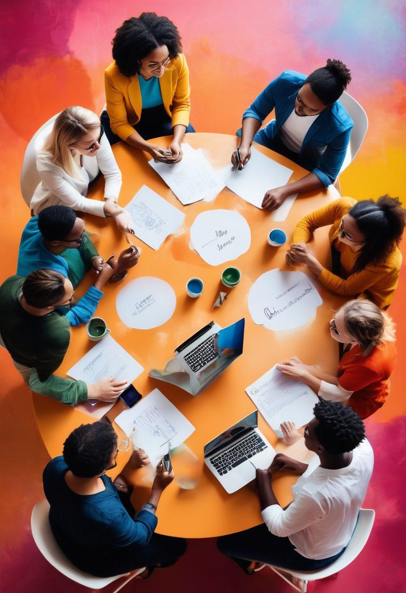 A vibrant, dynamic scene of a diverse group of passionate bloggers gathered around a large round table, sharing ideas and exchanging stories. Each person is holding a laptop or a notepad, with colorful speech bubbles floating above them, symbolizing creativity and inspiration. In the background, a large, inspirational mural depicting various forms of storytelling, such as books, videos, and podcasts. The atmosphere is lively and engaging, emphasizing collaboration and digital artistry. super-realistic. vibrant colors.