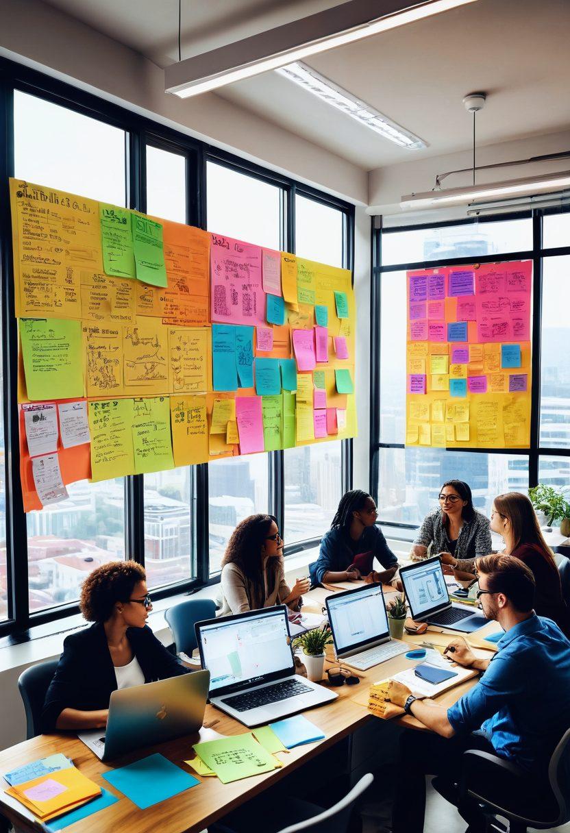 A creative workspace featuring a diverse group of content creators brainstorming around a large table, with laptops open and colorful sticky notes everywhere. A large whiteboard displays keywords and SEO strategies, while a window shows a vibrant cityscape outside, symbolizing growth and engagement. Add visual elements like charts and graphs to illustrate the SEO aspect. modern illustration. vibrant colors. 3D.